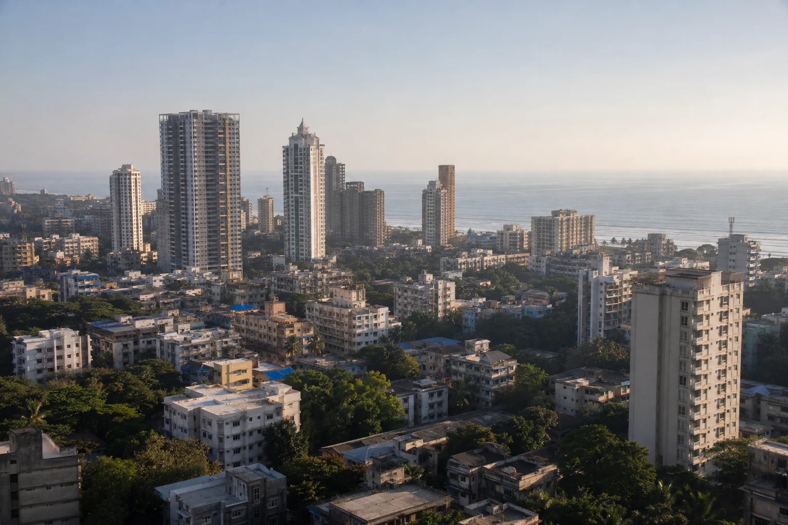 Westindische Küstenstadt mit Wohnhochhäusern, älteren Stadtblöcken, Bäumen und Meer im Hintergrund